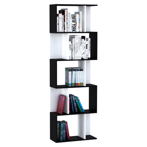 HOMCOM Bookcase, S-Shaped Wooden Bookshelf, 5/6 Tiers Freestanding Storage Shelf, Home Office Decorative Display Stand Rack, Black and White, 24D x 60W x 184.5H