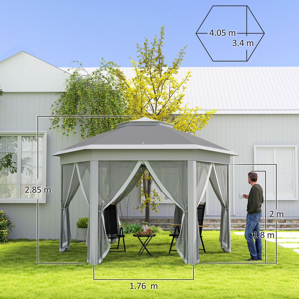 Outsunny 3 x 4m Garden Gazebo Hexagon Pop Up Gazebo Party Tent Canopy Double Roof Instant Shelter with Netting and Carry Bag for Outdoor Patio, Dark Grey