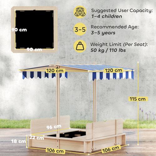 Outsunny Kids Square Wooden Sandpit, Children Sandbox Outdoor Playset