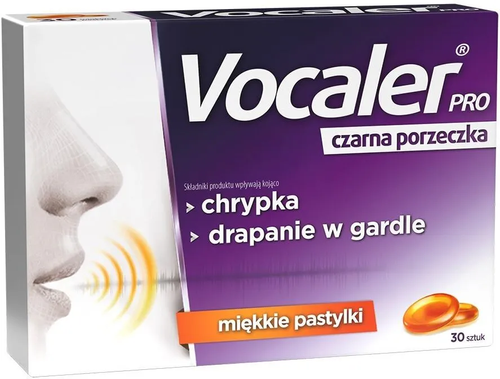 Vocaler Pro Czarna Porzeczka Pastylki do Ssania na Chrypkę i Drapanie w Gardle 30 Sztuk Best Before 31.10.26