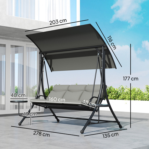 Outsunny Three-Seater Garden Swing, with Adjustable Canopy - Black/Grey