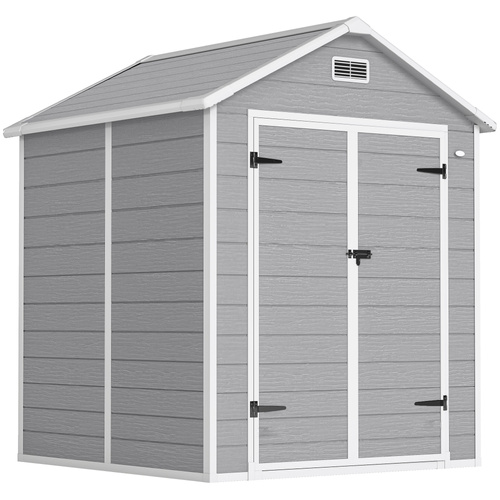Outsunny 6 x 5ft Garden Shed, Plastic Shed with Floor, Window, Lockable Doors and Vents, Wood Effect Resin Tool Shed for Outdoor Patio, Dark Grey