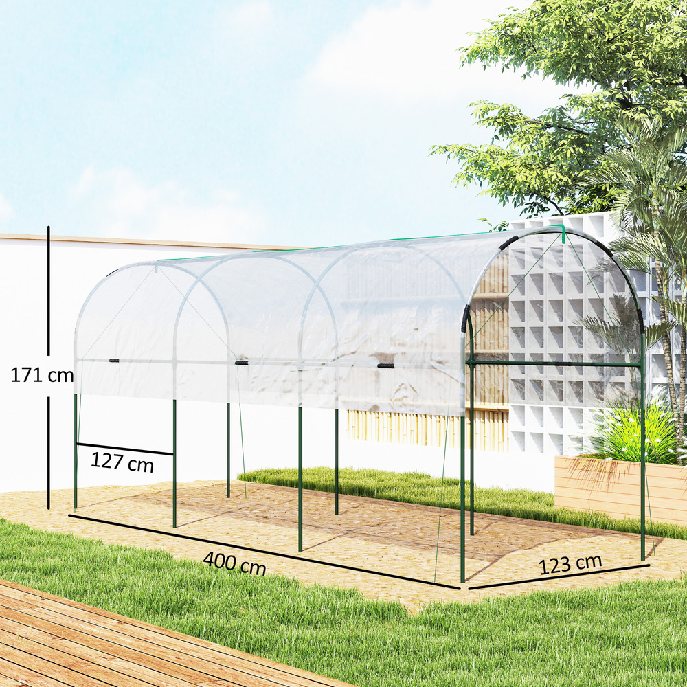Outsunny Tunnel Tomato Greenhouse with 4 Hoops and Top Tap, Pointed Bottom and Guy Ropes, 400 x 123 x 171 cm, Clear