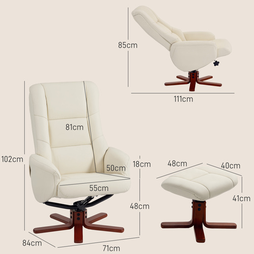 HOMCOM Rocking Recliner Chair with Footstool, PU Leather Recliner Armchair with Wood Base, Upholstered Reclining Chair for Living Room Bedroom, Cream