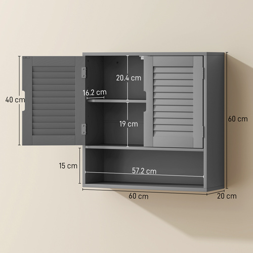 HOMCOM Bathroom Cabinet, Wall Mounted Storage Cabinet with Adjustable Shelves, 60 x 20 x 60 cm, Grey