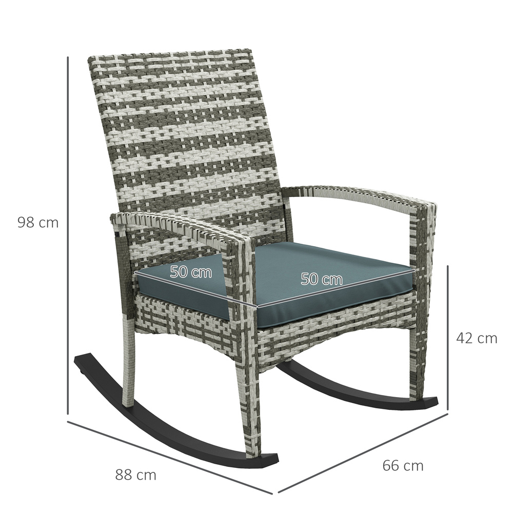 Outsunny PE Rattan Garden Rocking Chair, Outdoor Rocking with Cushion, 160 KG Capacity Wicker Garden Armchair Rocker with Metal Frame for Patio, Porch, Balcony, Light Grey