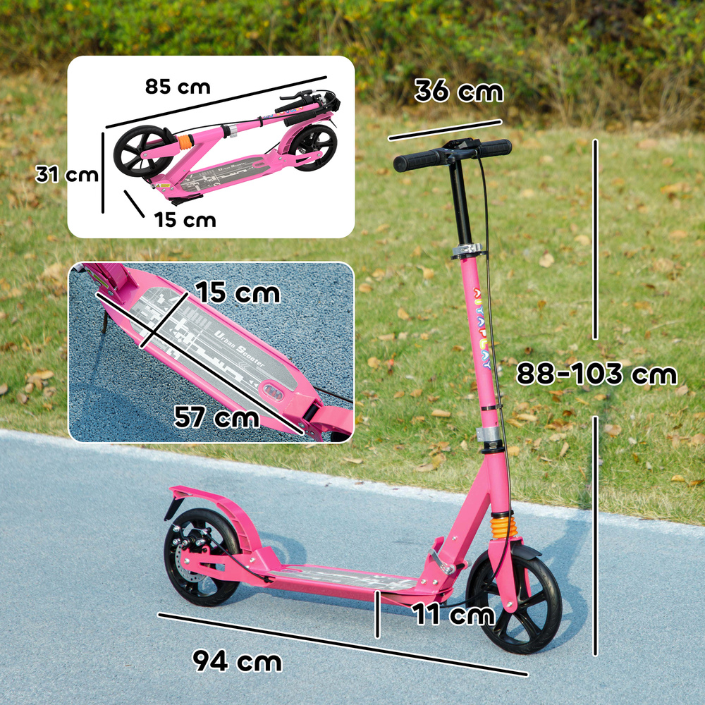 AIYAPLAY Kids Scooter with Four-Level Adjustable Handlebar, Dual Brake System, 200mm Wheels, ABEC-7 Bearings, Pink