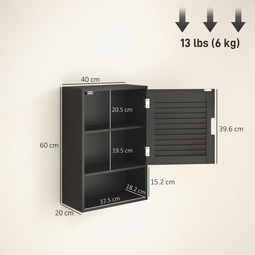 HOMCOM Bathroom Cabinet, Wall Mounted Storage Cabinet with Adjustable Shelves, 40 x 20 x 60 cm, Black