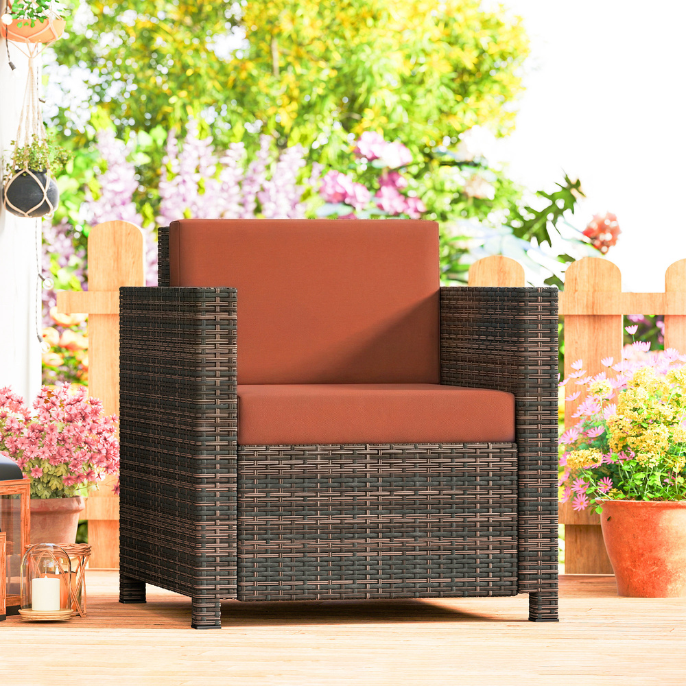 Outsunny PE Rattan Garden Armchair with Cushion - Mixed Brown/Orange