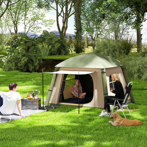 Outsunny Inflatable Camping Tent w/ Hand Pump, Easy Setup 1/2 Person Blow Up Tent Waterproof 190T Taffeta w/ Mesh Windows, Doors and Carry Bag, Brown