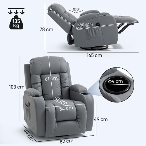 HOMCOM Massage Recliner Armchair, PU Leather Recliner Chair, Grey