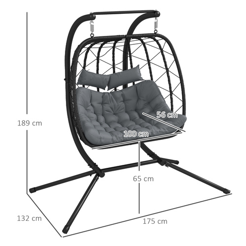 Outsunny Two-Seater Steel Frame Hanging Egg Chair - Black