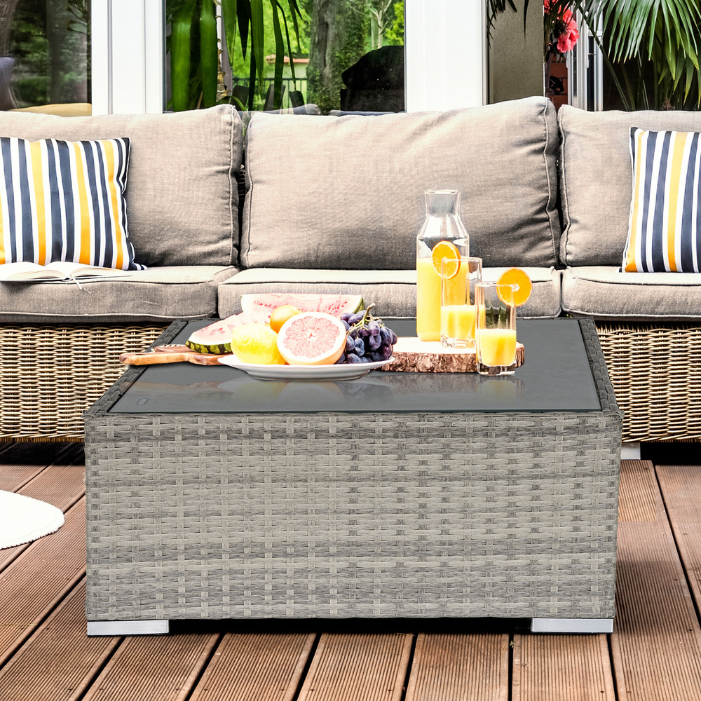 Outsunny Square PE Wicker Rattan Table, with Glass Top - Light Grey