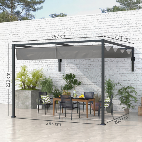 Outsunny 2 x 3(m) Lean To Steel Pergola, with Moving Fabric Canopy - Dark Grey