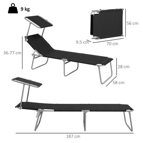 Outsunny Foldable Sun Lounger Set of 2 with Sun Shade & Adjustable Backrest - Black
