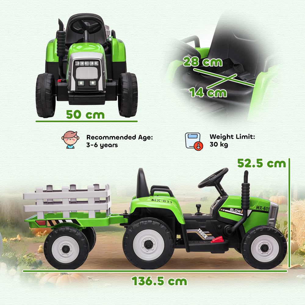 HOMCOM Ride On Tractor, Battery Powered Electric Car, with Detachable Trailer, Remote Control, Music - Green