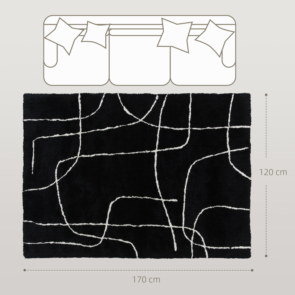 HOMCOM Modern Fluffy Area Rug, Geometric Pattern Washable Rug, Soft High Pile Floor Carpet for Living Room, Bedroom, Dining Room, Home Office, 170 x 120 cm, Black