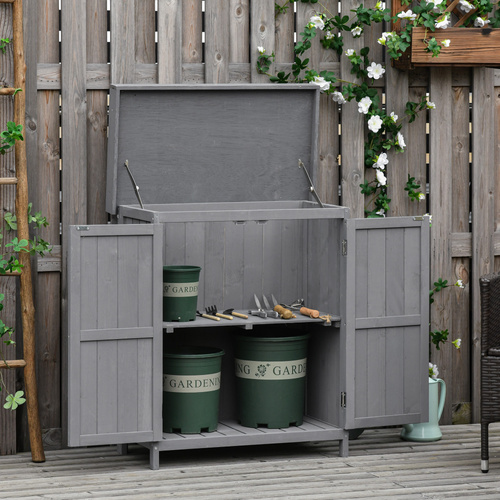 Outsunny Small Shed, Wooden Garden Shed with Openable Hinged Roof and Removable Shelf, Outdoor Tool Storage Cabinet Chest with Double Doors, 74 x 43 x 88 cm, Grey