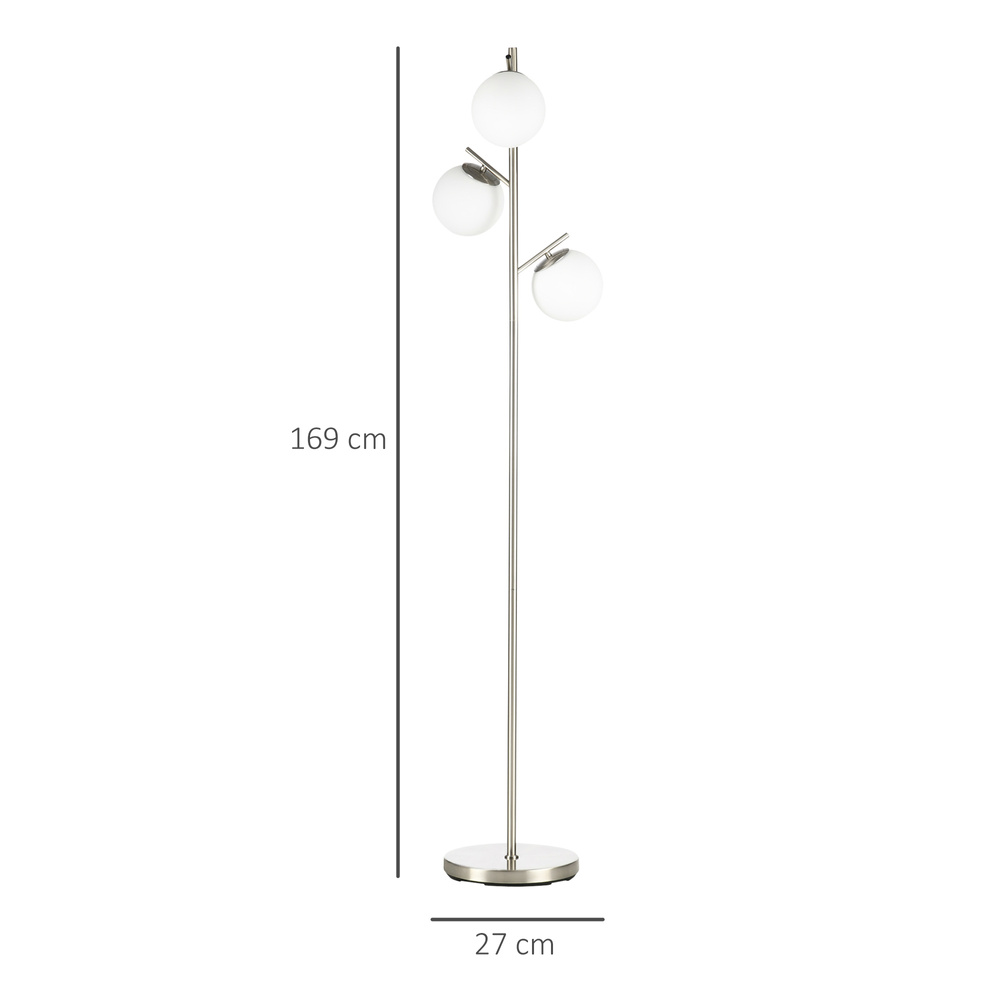 HOMCOM 3-Light Tree Floor Lamps for Living Room, Modern Standing Lamp for Bedroom with Globe Lampshade, Steel Base, Bulb not Included, Silver Tone