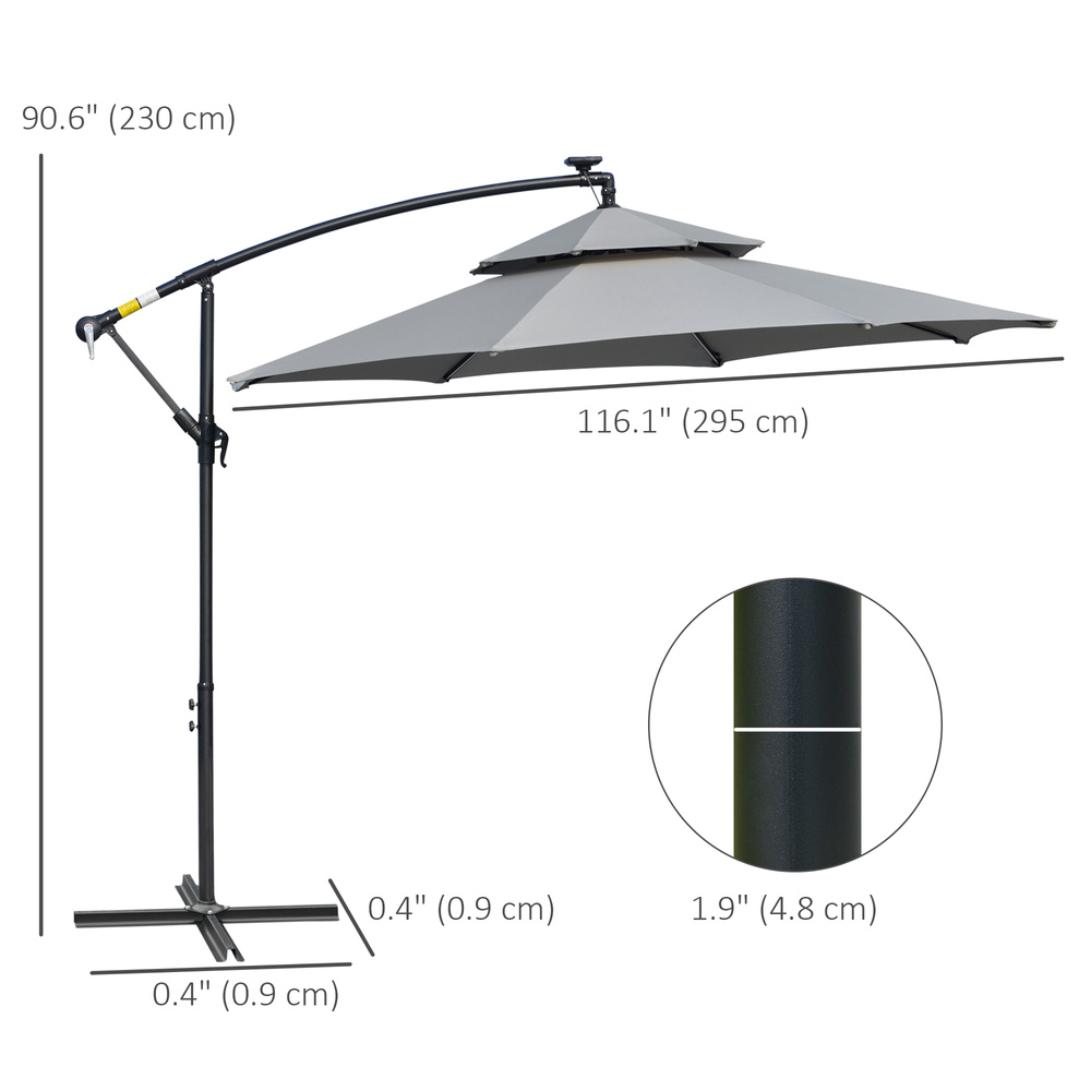 Outsunny 3(m) Cantilever Banana Parasol Hanging Umbrella with Double Roof, LED Solar lights, Crank, 8 Sturdy Ribs and Cross Base for Outdoor, Garden, Patio, Light Grey
