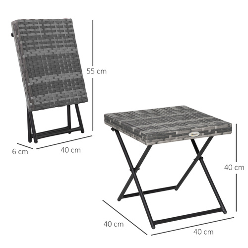 Outsunny Square PE Wicker Rattan Folding Table,Weather Resistant Wicker Weave Side Table with Steel Frame, Grey