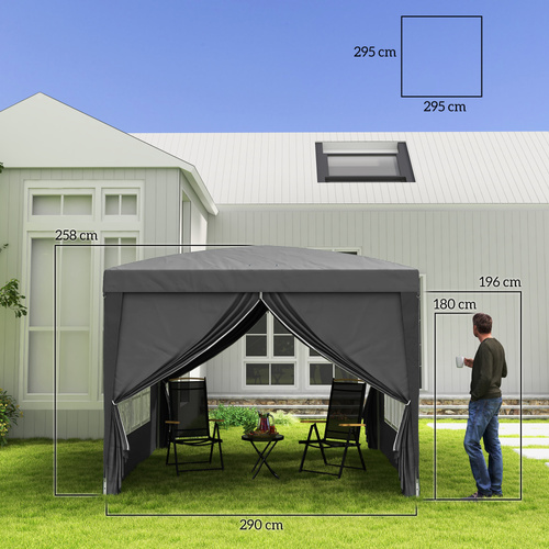 Outsunny 3 x 3 m Garden Pop Up Gazebo, Wedding Party Tent Marquee, Water Resistant Awning Canopy with Sidewalls, Windows, Carry Bag, Grey