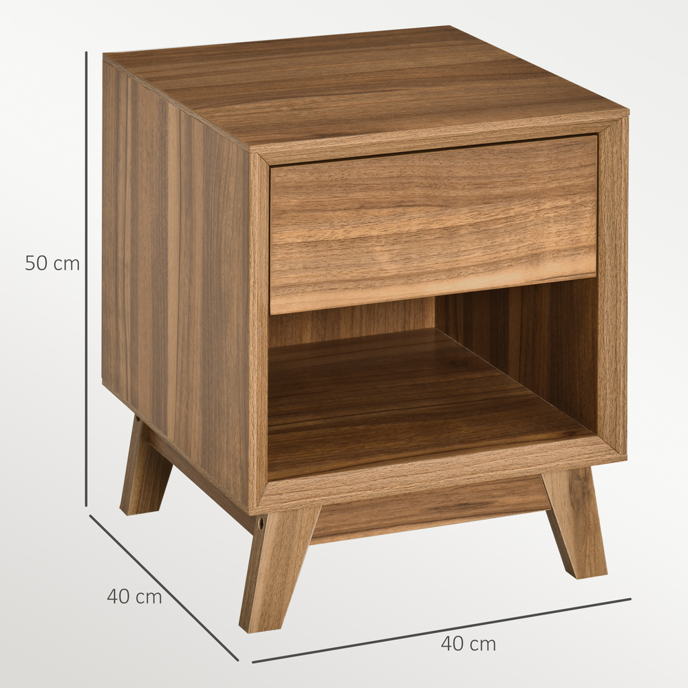 HOMCOM Modern Bedside Table Nightstand, Living Room End Table, Side Table with Drawer and Shelf, Walnut Brown