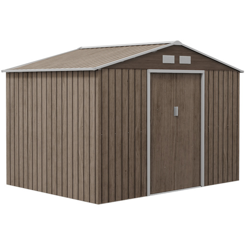 Outsunny 9 x 6ft Steel Garden Shed, Outdoor Storage Tool House with Vents, Foundation and Lockable Double Doors, Brown