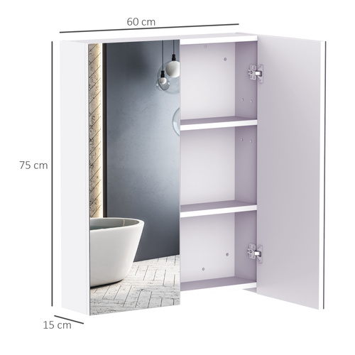HOMCOM Bathroom Mirror Cabinet, 3-Tier Wall Mount Bathroom Storage Cabinet with Soft-Close Hinges and Adjustable Shelf, Double Door Cupboard, 60 x 15 x 75 cm, White