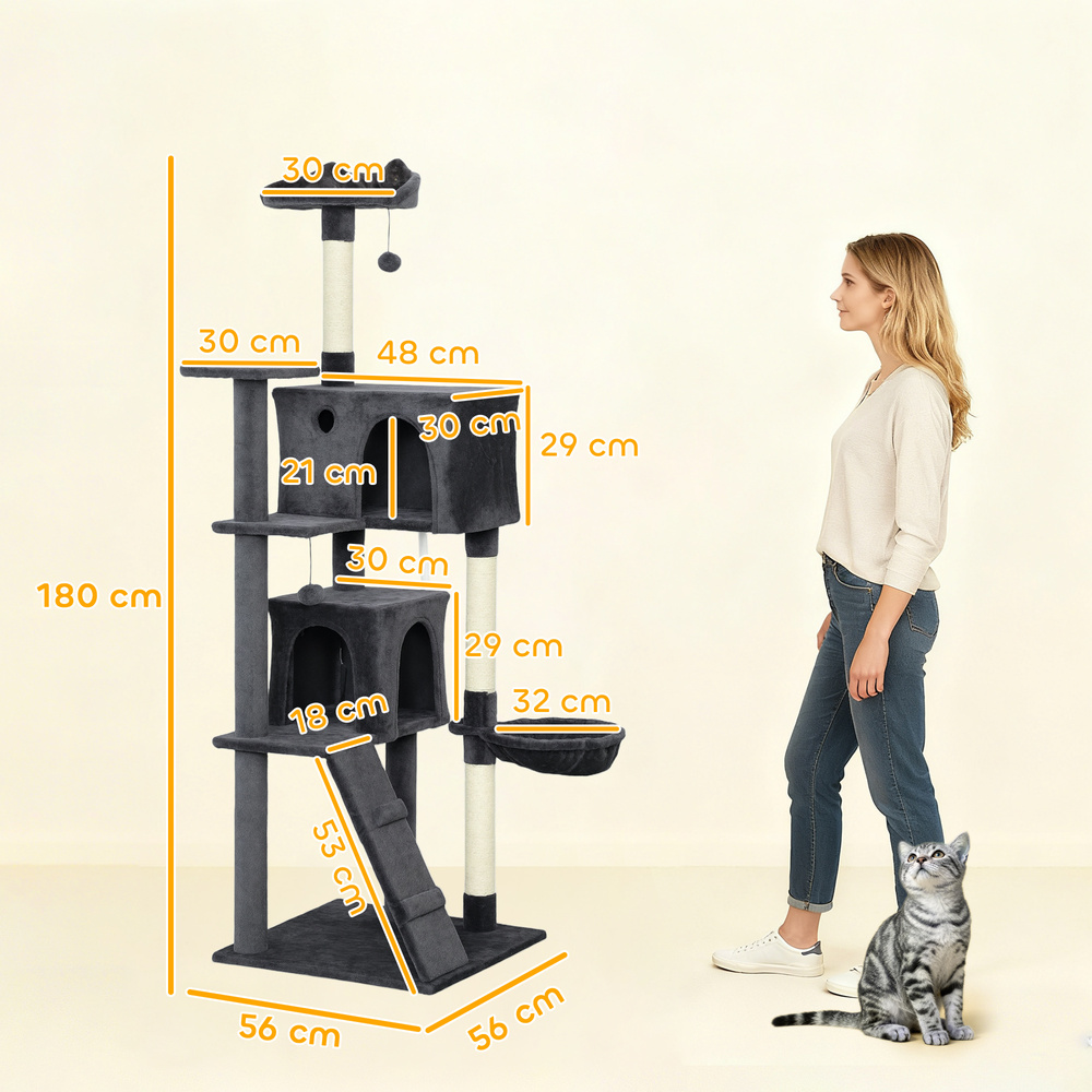 PawHut 180cm Large Cat Tree Tower with Sisal Scratching Posts, Condos, Plush Perches, Hammock, Ladder, Dark Grey