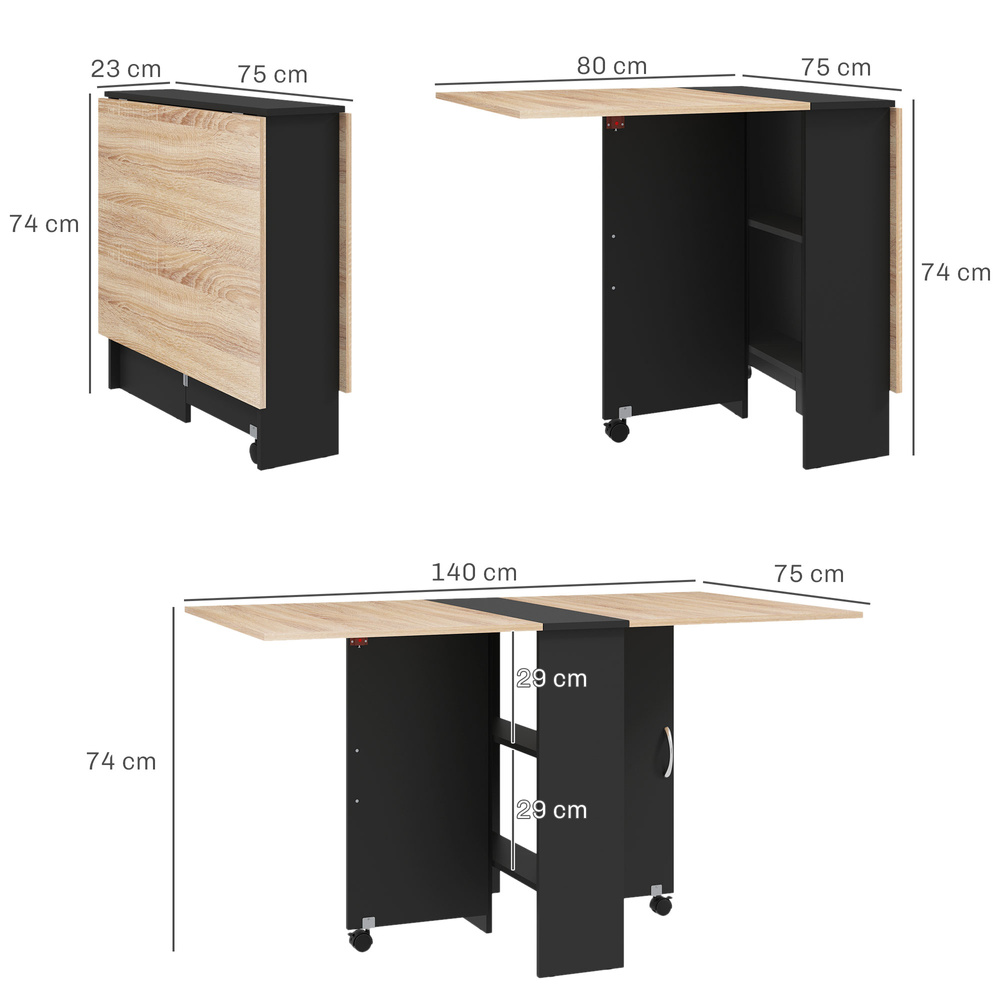 HOMCOM 80-140 cm Folding Dining Table for 4-6 People, Drop Leaf Table with 2-Tier Shelves, Rolling Casters, for Small Spaces, Kitchen, Flat, Dining Room, Oak and Black