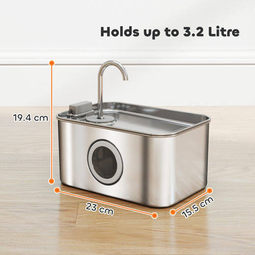 PawHut 3.2L Cat Water Fountain for Drinking, Cat Fountain Stainless Steel with Visible Water-Level Window, Ultra-Silent Pump