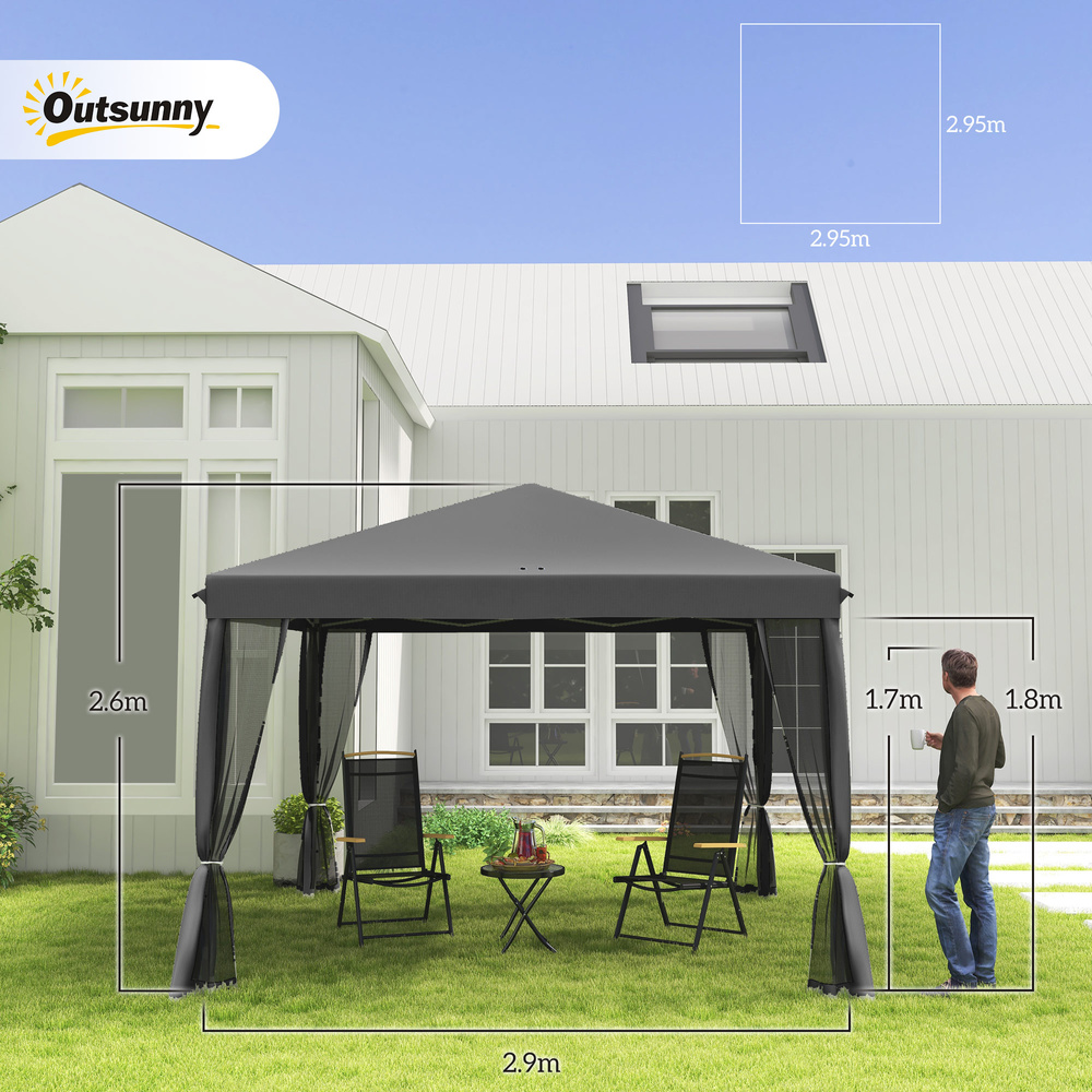 Outsunny 3 x 3 m Pop Up Gazebo, 420D Garden Tent Canopy with Removable Mesh Sidewall Netting, Carry Bag for Garden Patio Outdoor, Light Grey
