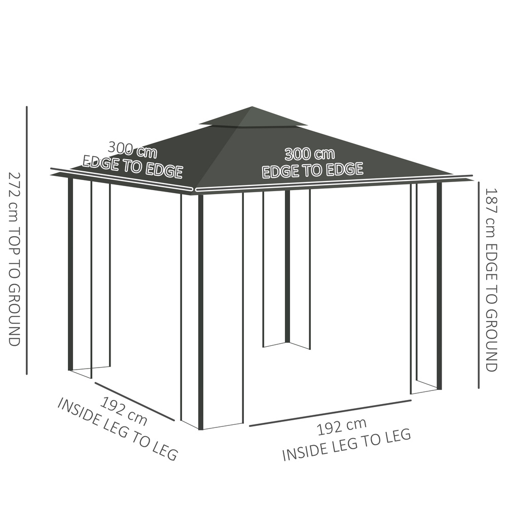 Outsunny 3 x 3(m) Steel Frame Double Roof Garden Gazebo - Grey