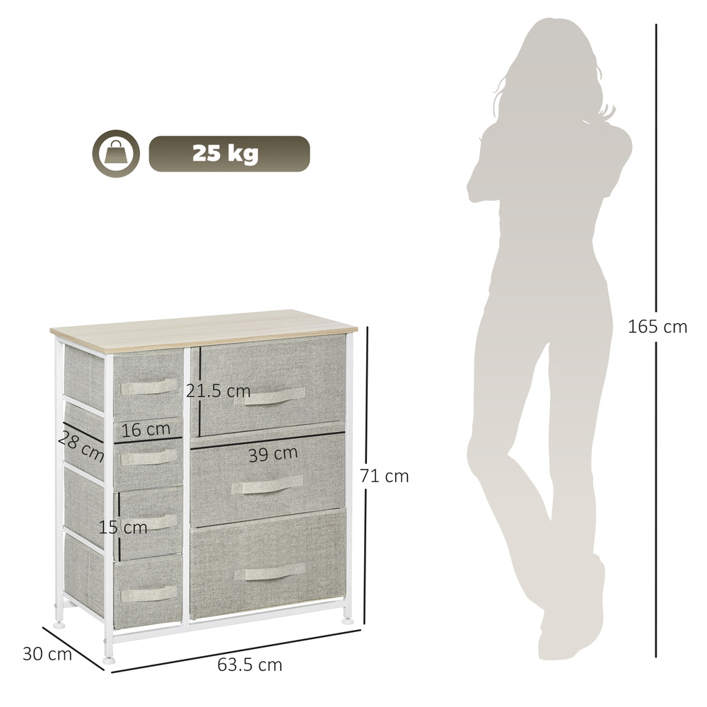 HOMCOM Chest of Drawers with 7 Drawers, Fabric Drawers with Large Storage Space, Drawers Dresser with Metal Frame, Adjustable Feet for Bedroom Living Room, Light Grey