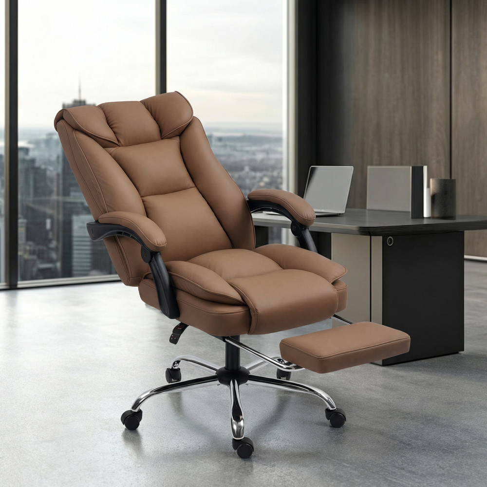 HOMCOM 155° Reclining Faux Leather Swivel Office Chair - Brown