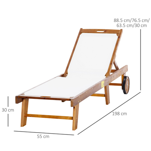 Outsunny Outdoor Acacia Wood Texteline Beach Sun Lounger Garden Patio Sunbed Recliner Chaise Adjustable Backrest with Wheels