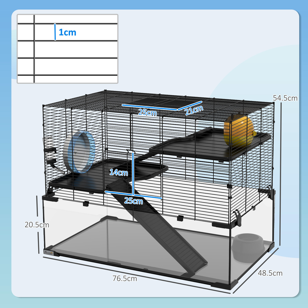 PawHut 3 Tiers Hamster Cage, Gerbil Cage with Deep Glass Bottom, Non-Slip Ramps, Platforms, Hut, Exercise Wheels, Water Bottle, Dish, for Syrian Hamster, Dwarf Hamster, 76.5 x 48.5 x 54.5cm