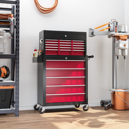 HOMCOM 14 Drawer, Two-Part Tool Storage Chest on Wheels - Red