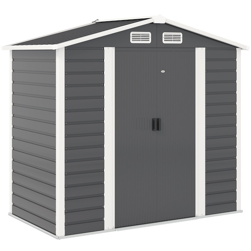 Outsunny 7 x 4ft Garden Shed, Easy to Assemble, Upgraded Galvanised Steel Frame with Foundation Kit, Double Doors with Lock, Outdoor Metal Shed with Vents and Gloves, Garden Storage Shed, Dark Grey