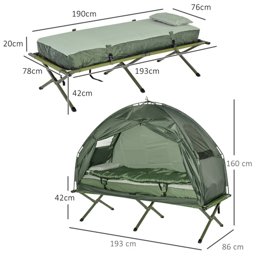 Outsunny Single Bed for Camping Foldable Camping Bed with Mattress for 1-Person Camping & Hiking, Green
