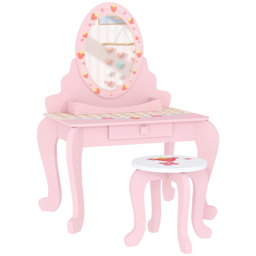 AIYAPLAY Kids Dressing Table Set, Vanity Table with Stool, Mirror, Drawer, Desktop, Storage, Strawberry-Theme, Pink