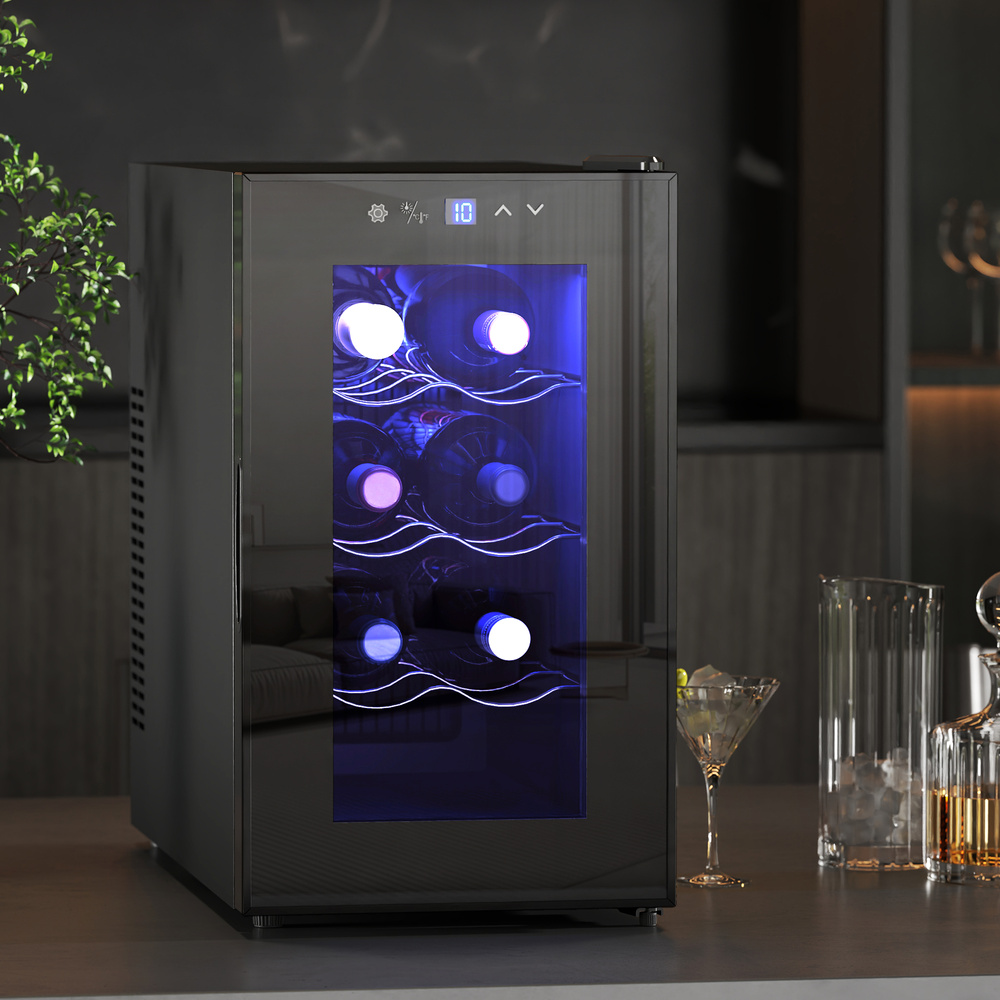 HOMCOM Mini Table Top Wine Fridge, 8 Bottle, 17L, 8-18℃, 26.5cm Quiet Under Counter Wine Cooler Fridge with Glass Door, LED Light, Digital Touch Screen, Temperature Control