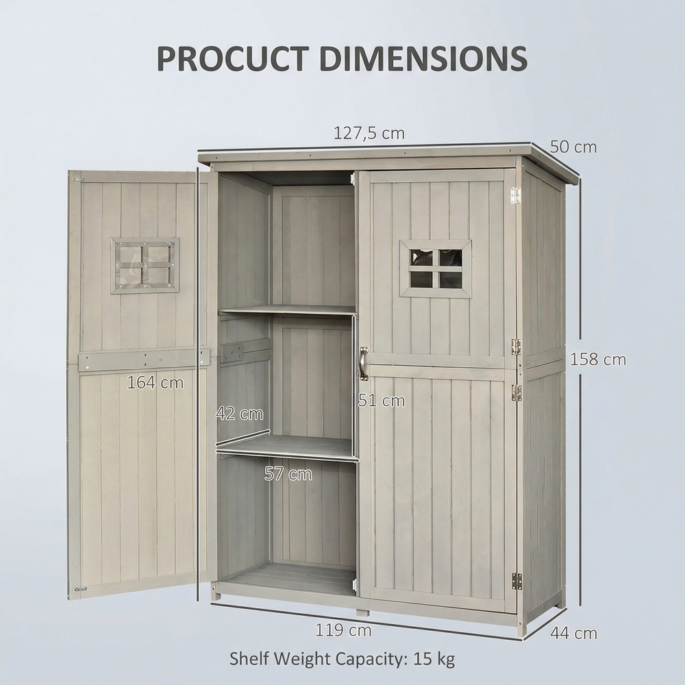 Outsunny Wooden Garden Shed with Two Windows, Tool Storage Cabinet, Outdoor Double Door Organizer 127.5L x 50W x 164H cm, Grey