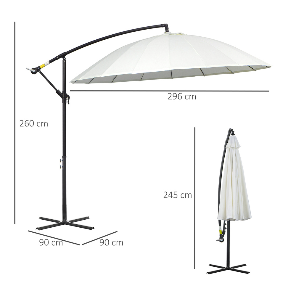 Outsunny 3(m) Cantilever Umbrella 18 Ribs & Vents Adjustable Angle for Patio Cream White