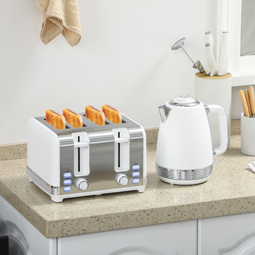 HOMCOM Stainless Steel Panel Kettle and Toaster Set - White