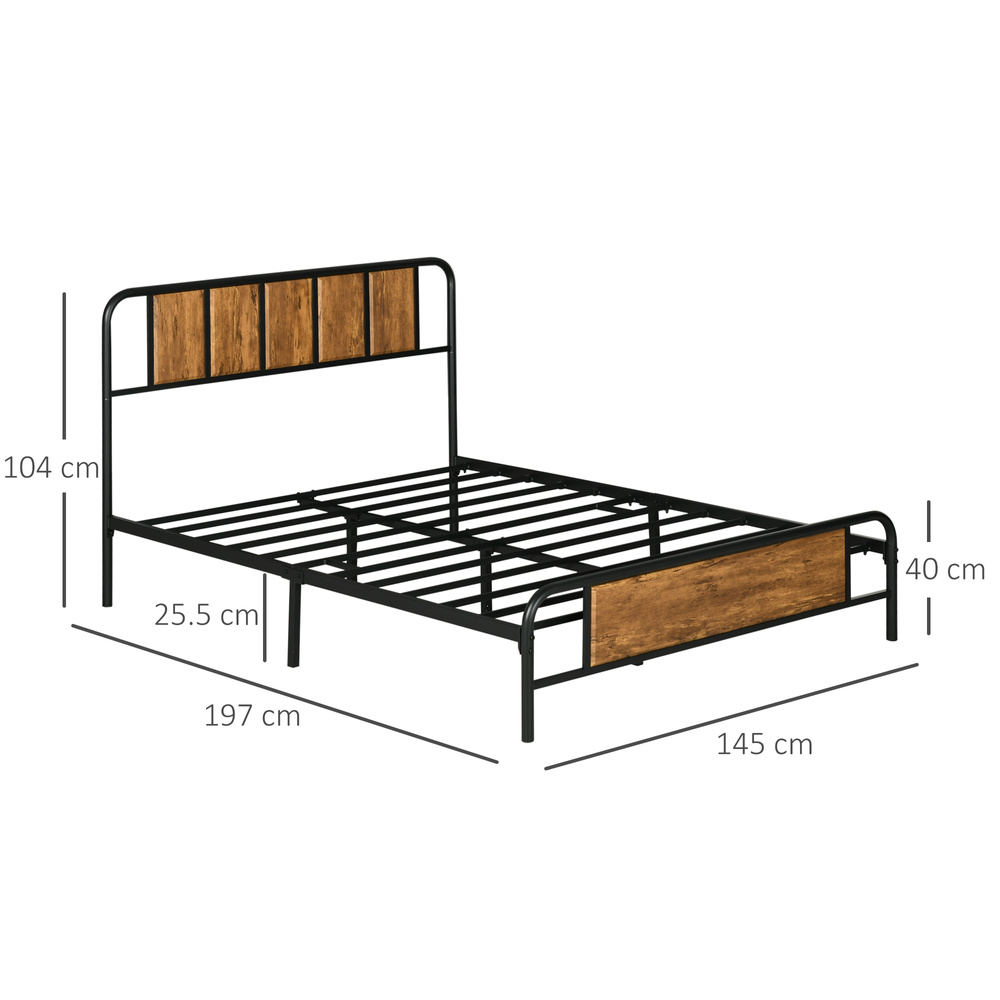 HOMCOM 4.8ft Double Bed Frame with Industrial Wood Headboard, Steel Slat Support and 25.5cm Underbed Storage Space, 145 x 197cm, Rustic Brown