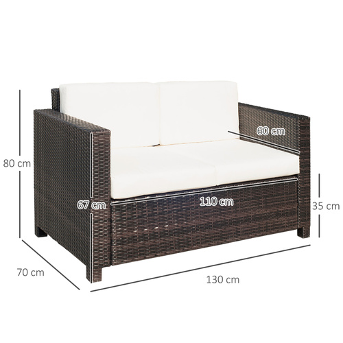 Outsunny Rattan Sofa, 2 Seater Garden Furniture with Soft Padded Cushion and Armrests, Wicker Garden Loveseat for Patio, Mixed Brown