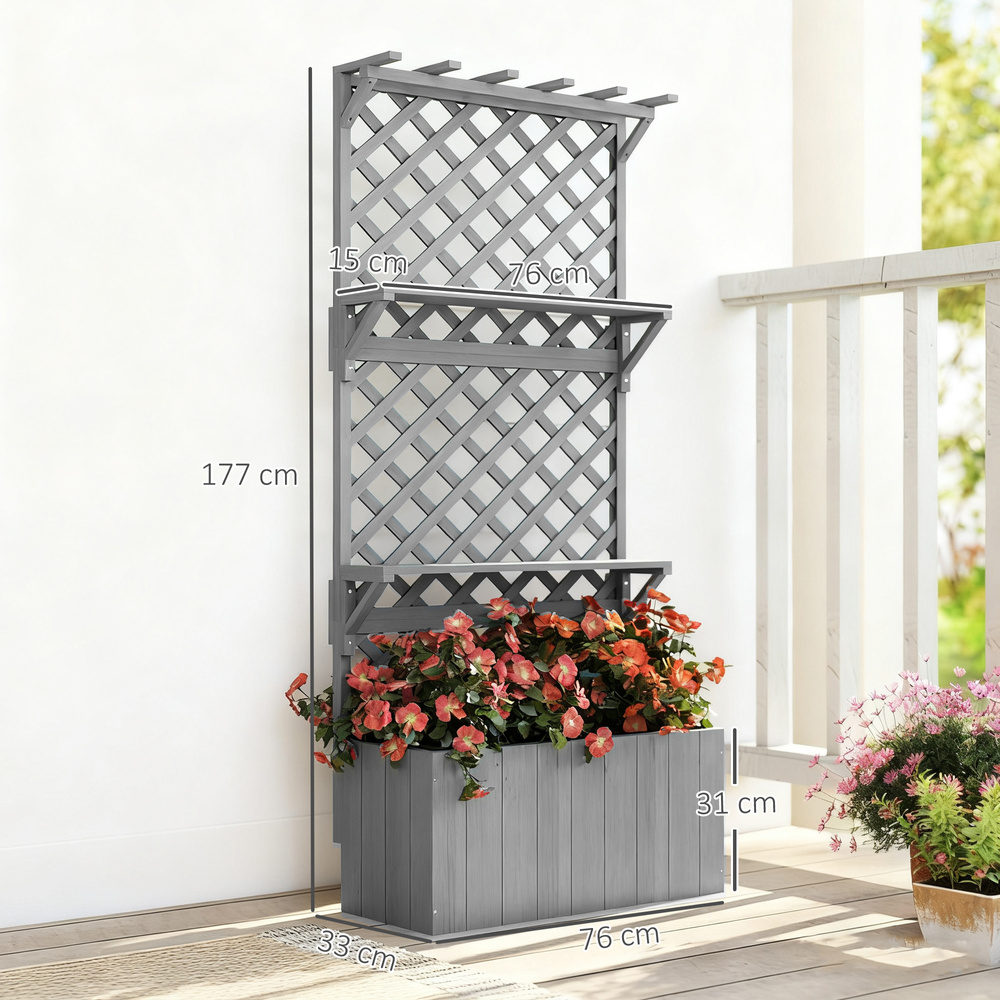 Outsunny 52L Wooden Planter, with Trellis and Shelves - Grey