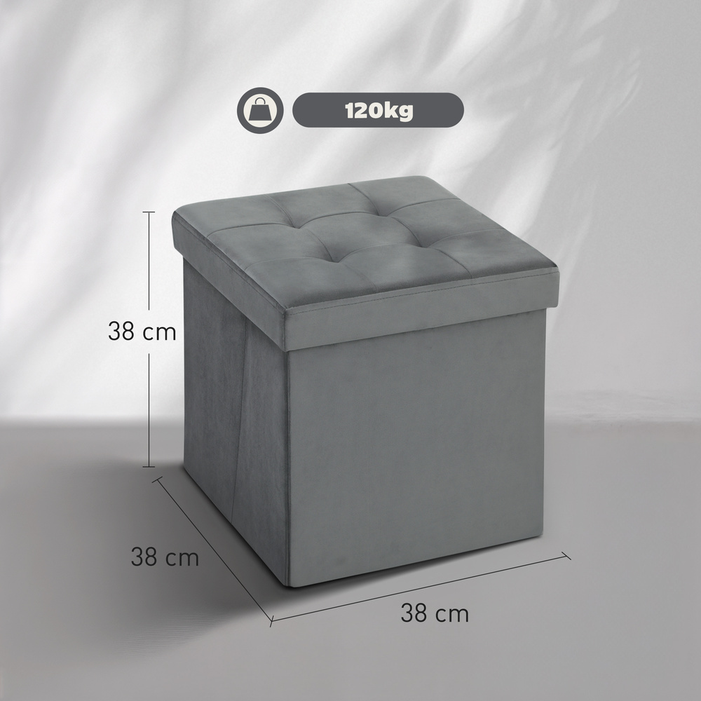 HOMCOM Foldable Velvet-Feel Storage Ottoman - Grey